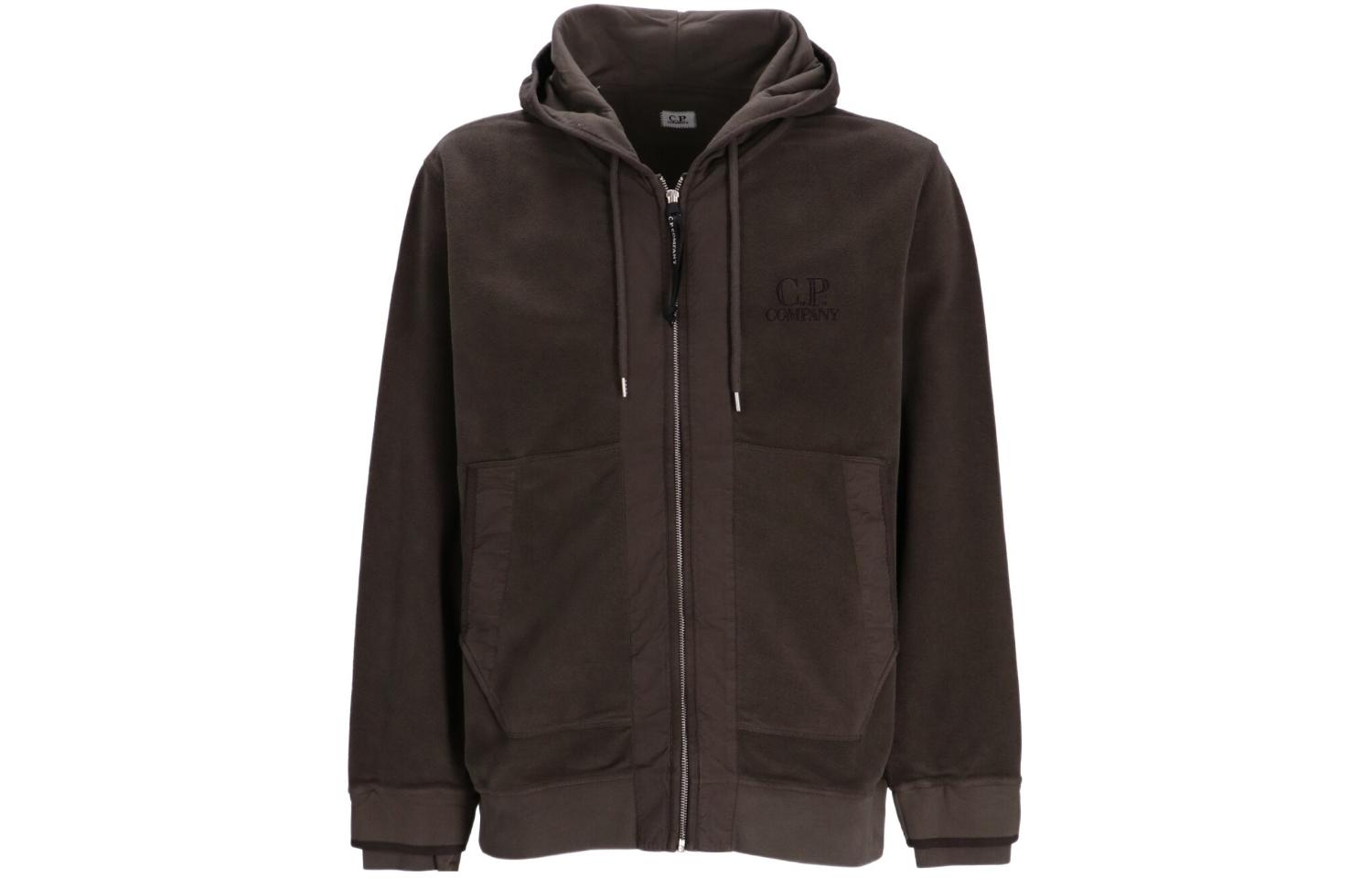 C.P. Company Brown Logo Embroidered Zip Hoodie for Men CMSS263A006614G670
