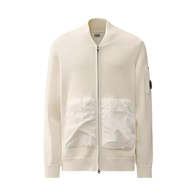 C.P. Company Cotton Mixed Bomber Knit White Zip-Up Jacket for Men CMKN046A005367M103
