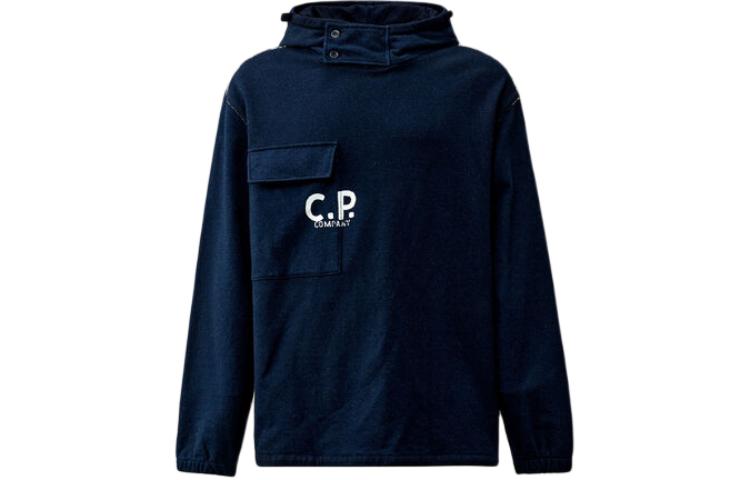 C.P. Company Fleece Hoodie with Logo Print and Chest Pocket Blue Mens 16CMSS184A110055WD08