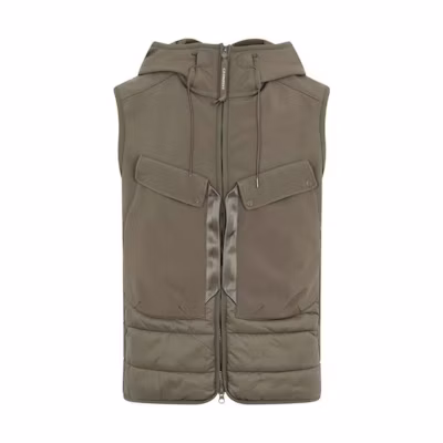 C.P. Company Green Sleeveless Zip Hoodie Jacket with Large Pocket MOW107A-006097M-665