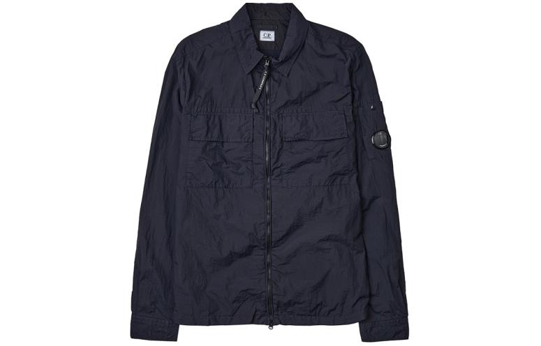 C.P. Company Navy Blue Zip-Up Jacket with Logo Arm Patch and Chest Pocket 14CMSH141A005783G888