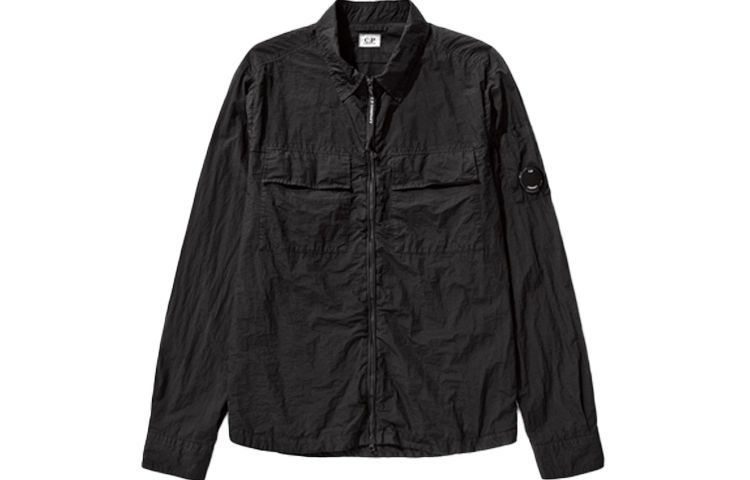 C.P. Company SS22 Black Lens Logo Crinkle Long-Sleeve Collared Jacket Mens 12CMSH141A005783G-999