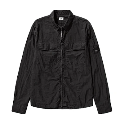 C.P. Company SS22 Black Lens Logo Crinkle Long-Sleeve Collared Jacket Mens 12CMSH141A005783G-999