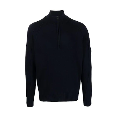 C.P. Company SS22 Black Wool Blend Zip Sweater with Solid Color Sleeve Logo 13CMKN099A005504A888