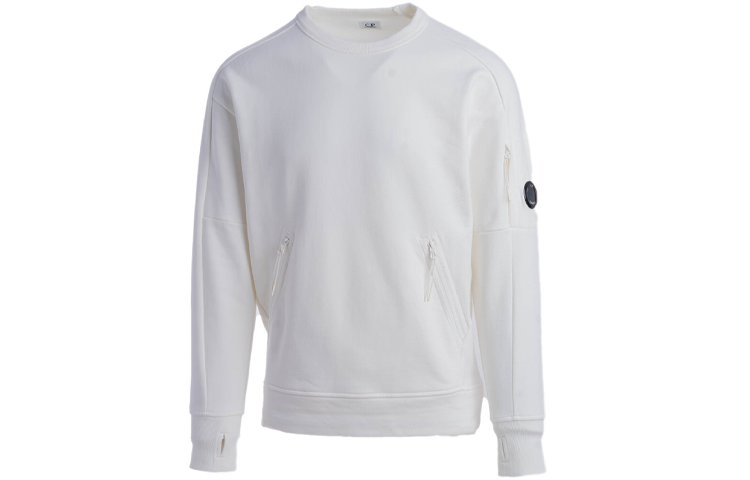 C.P. Company SS22 White Zip Detail Crewneck Pullover Sweatshirt Men’s Long Sleeve 12CMSS080A005086W103