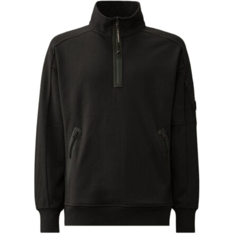 C.P. Company SS24 Black Crewneck Long Sleeve Sweatshirt with Logo Patch CMSS081A005086W999