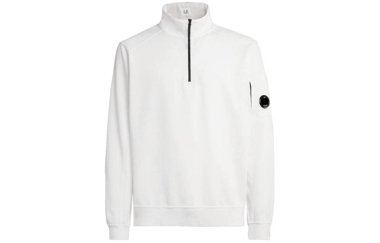 C.P. Company White High Neck Zip Pullover Sweatshirt with Ribbed Cuffs 16CMSS035A002246G103