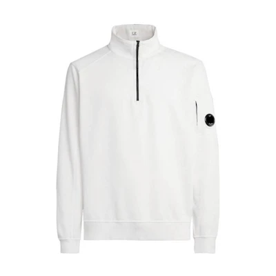 C.P. Company White High Neck Zip Pullover Sweatshirt with Ribbed Cuffs 16CMSS035A002246G103