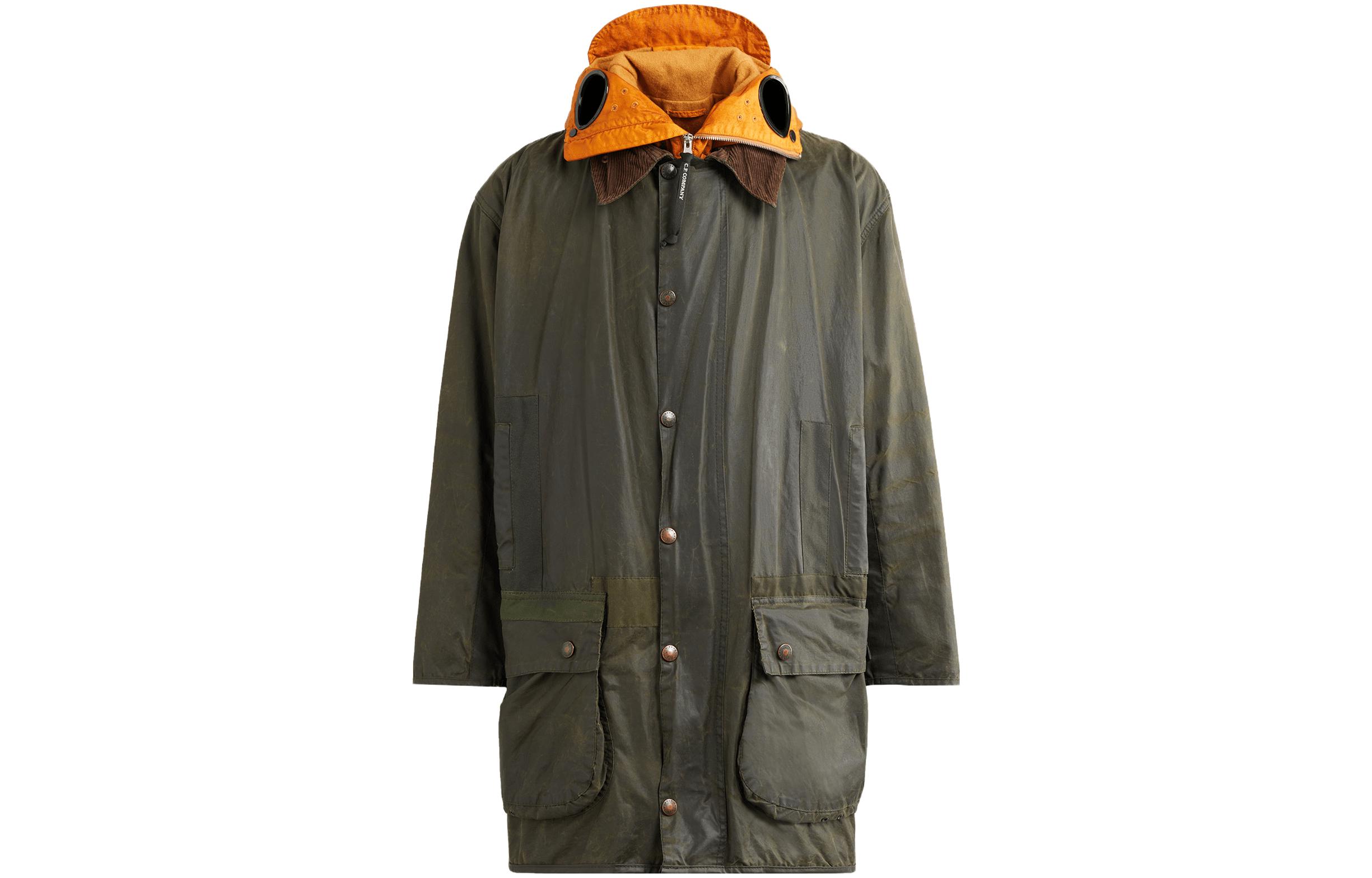 C.P. Company Barbour FW23 Asymmetrical Patch Goggle Hooded Long Jacket Green 15CSOW921A009999AV01