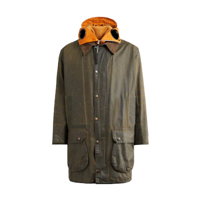 C.P. Company Barbour FW23 Goggle Lens Patchwork Green Long Hooded Jacket Unisex 15CSOW914A009999AV01