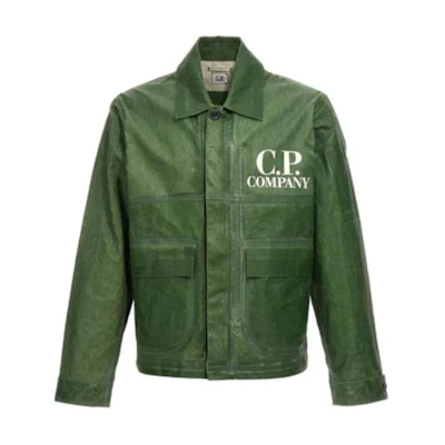 C P Company Green Zip-Up Jacket with Logo Print and Collar CMOW194A110078A649