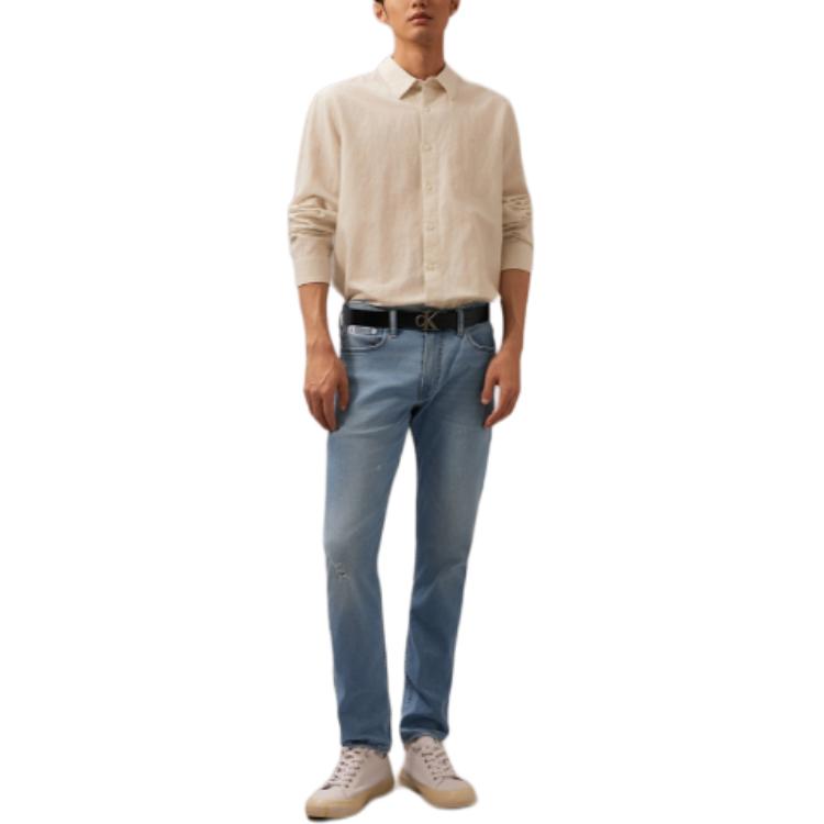 Order Calvin Klein 經典復古磨損彈性錐形牛仔褲 淺藍色丹寧 J326117-1AA