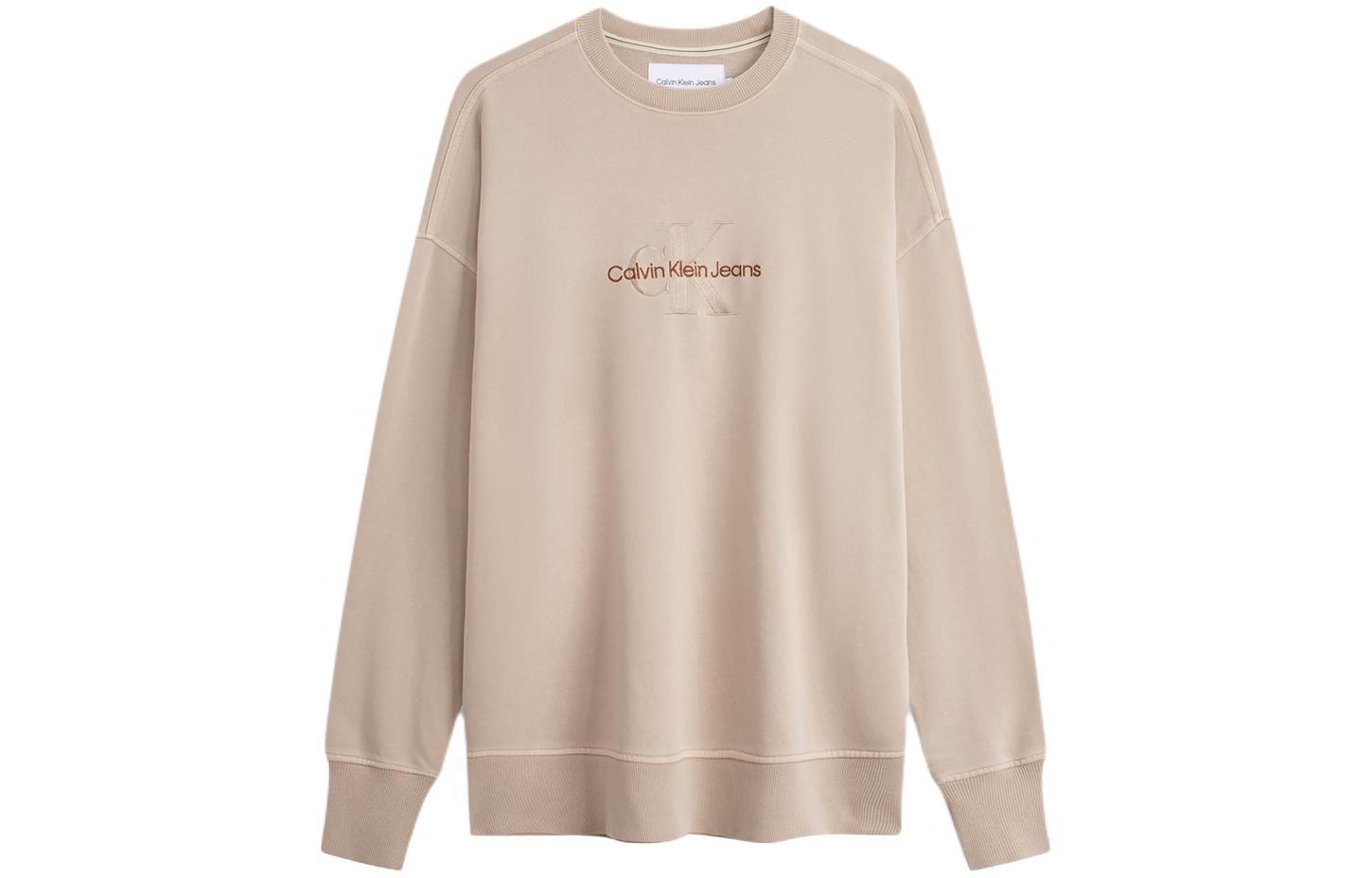 CALVIN KLEIN  Embroidered Logo Crewneck Sweatshirt Beige Coffee Color J324475-PED