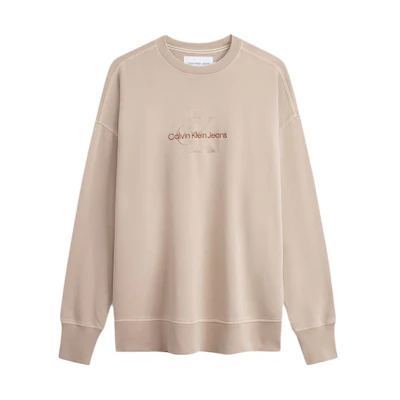 CALVIN KLEIN Embroidered Logo Crewneck Sweatshirt Beige Coffee Color J324475-PED