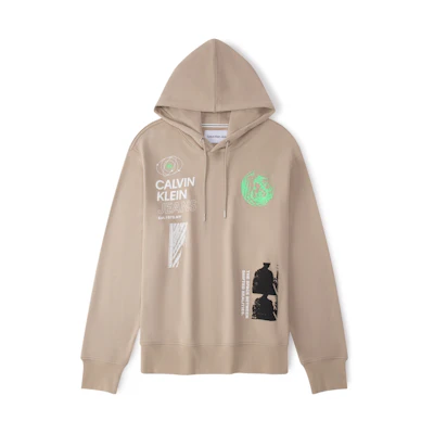 Calvin Klein Space Print Loose Fit Cotton Hoodie Beige Colorway. J324472