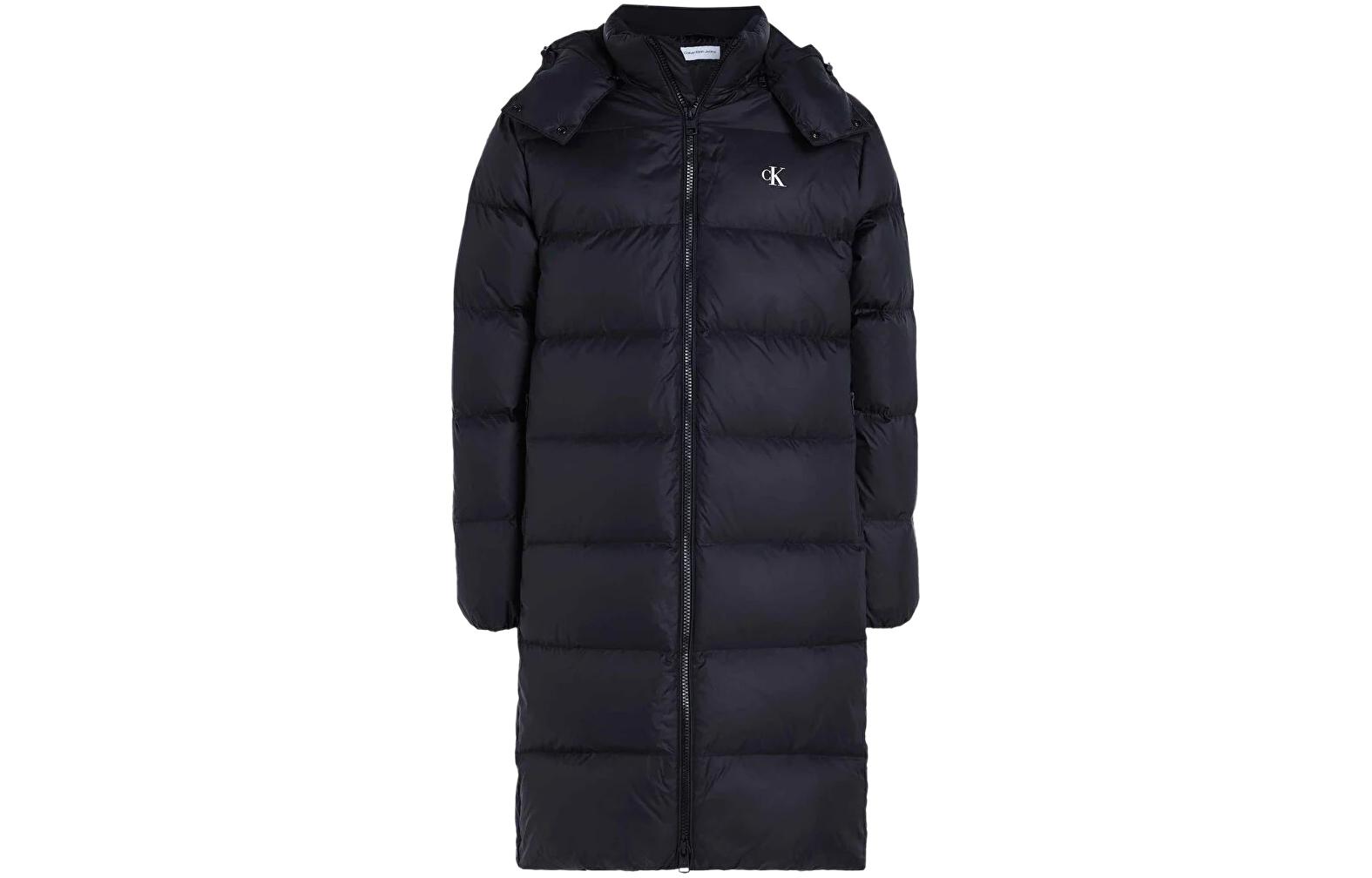 Calvin Klein Black Long Hooded Puffer Jacket With Minimal Logo J30J324056-BEH
