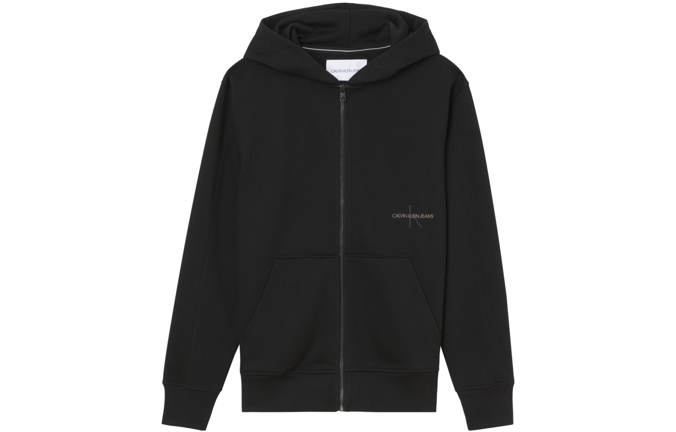 Calvin Klein Black Solid Logo Embroidered Zip-Up Hoodie for Men J30J318451BEH