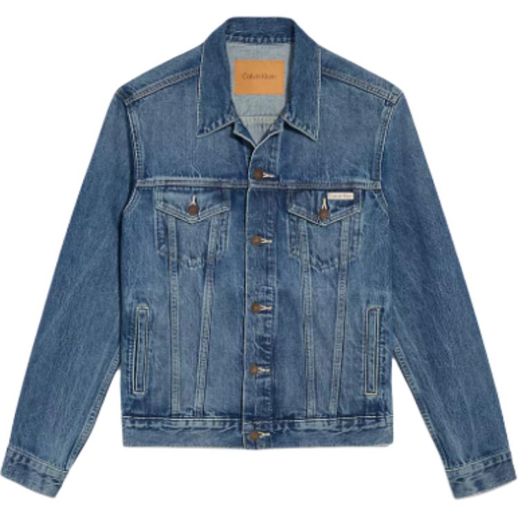 Calvin Klein Classic Denim Trucker Jacket with Dual Pockets in Mid Blue 40TM715-420