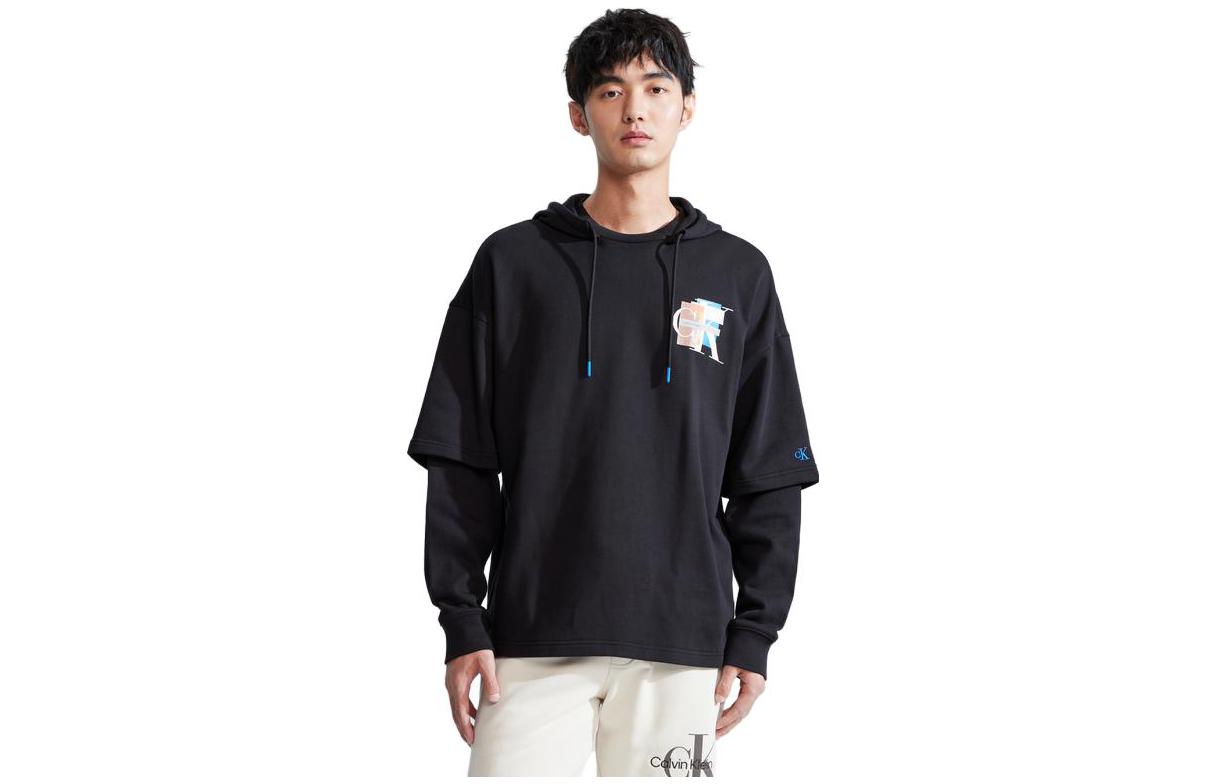 Calvin Klein Cotton Hoodie Letter Print Pullover - Space Black J324403