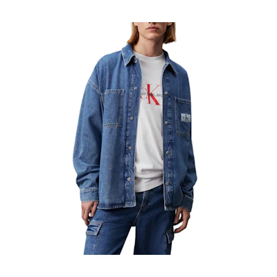 Calvin Klein Denim Rigid Cotton Jacket Unlined Point Collar Mid Blue J30J324865-1A4