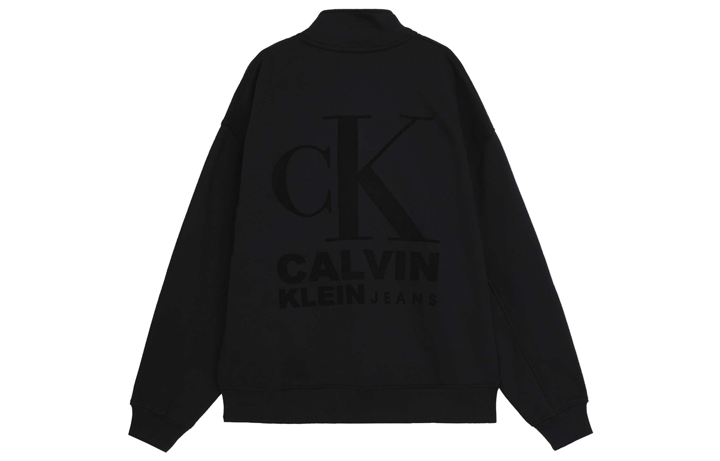 Lookbook 卡尔文·克莱因绒面标志半拉链宽松版羊毛衫太空黑 J324100