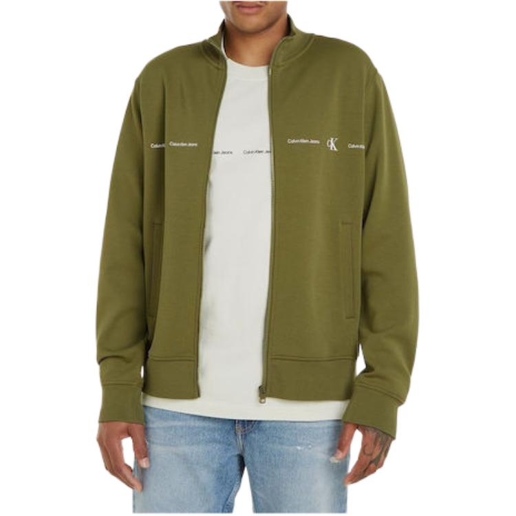 Calvin Klein Green Letter Print Zip-Up Jacket with Stand Collar J30J325493-L9N