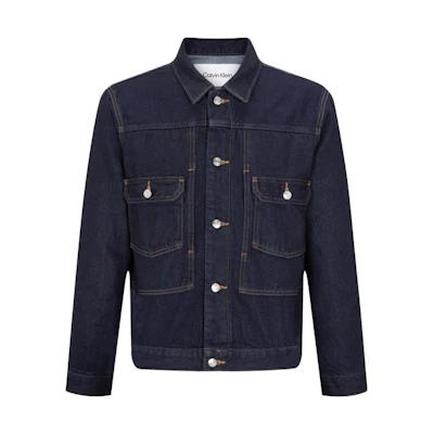 Calvin Klein Minimalist Denim Jacket Unisex Dark Blue Straight Collar Pocket Design 40688ST-5DB