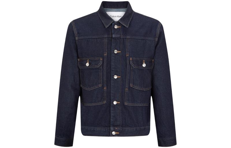 Order Calvin Klein Jaket Denim Minimalis Unisex Biru Gelap Kolar Lurus dengan Poket 40688ST-5DB