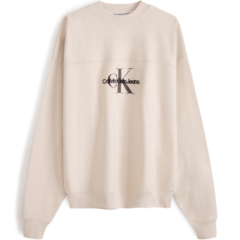 Calvin Klein Oversized Logo Print Cotton Pullover Crewneck Sweatshirt Cream ZM02531