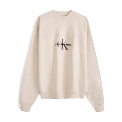 Calvin Klein Oversized Logo Print Cotton Pullover Crewneck Sweatshirt Cream ZM02531