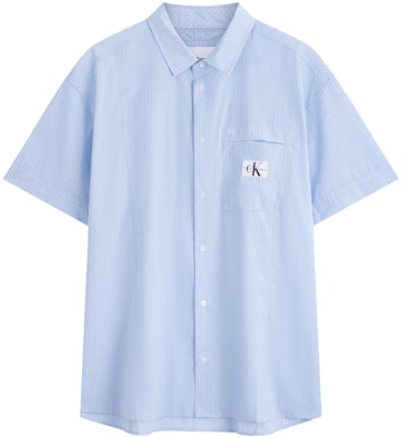 CALVIN KLEIN Retro Striped Loose-Fit Short Sleeve Shirt Blue Stripe Mens J325769 Order CALVIN KLEIN Retro Striped Loose-Fit Short Sleeve Shirt Blue Stripe Mens J325769