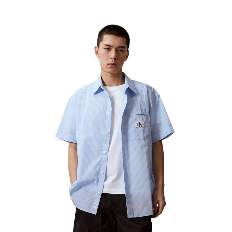 Shop CALVIN KLEIN Kemeja Lengan Pendek Longgar Berjalur Retro Biru Lelaki J325769