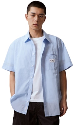 CALVIN KLEIN Retro Striped Loose-Fit Short Sleeve Shirt Blue Stripe Mens J325769 Shop CALVIN KLEIN Retro Striped Loose-Fit Short Sleeve Shirt Blue Stripe Mens J325769
