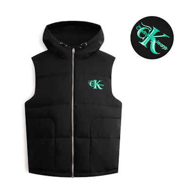 Calvin Klein Unisex Lunar New Year Dragon Hooded Down Vest Space Black. J400359