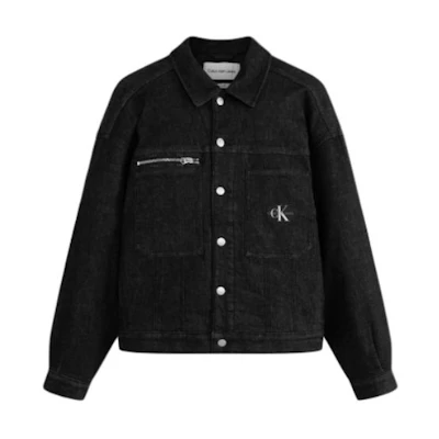 CALVIN KLEIN Unisex Solid Black Loose Fit Denim Jacket with Button Closure. J400340-1BY