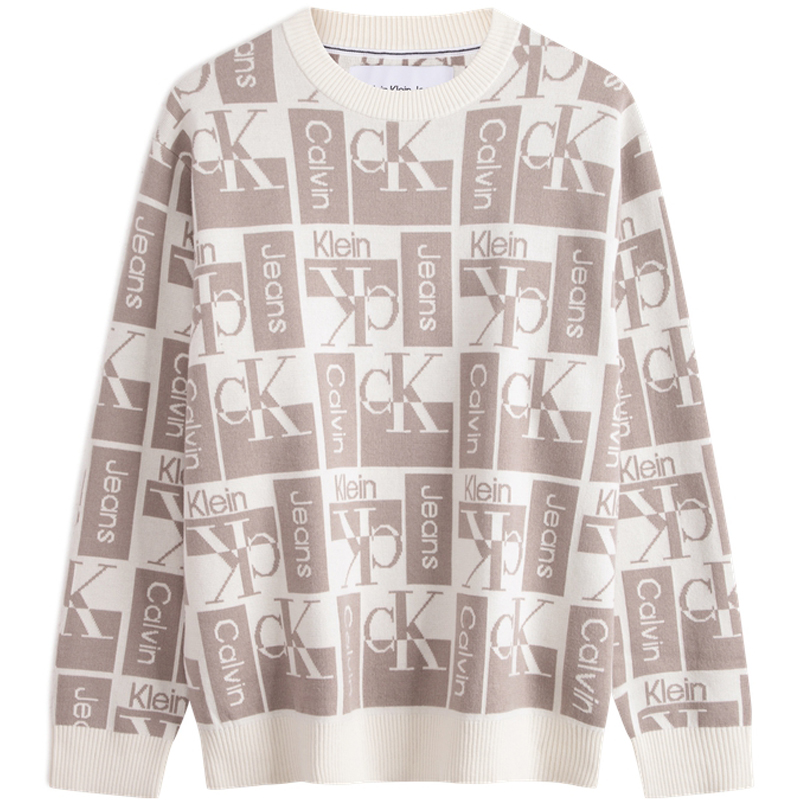 Calvin Klein Wool Blend Knit Pullover Sweater White Beige Jacquard Design J324409-YBI