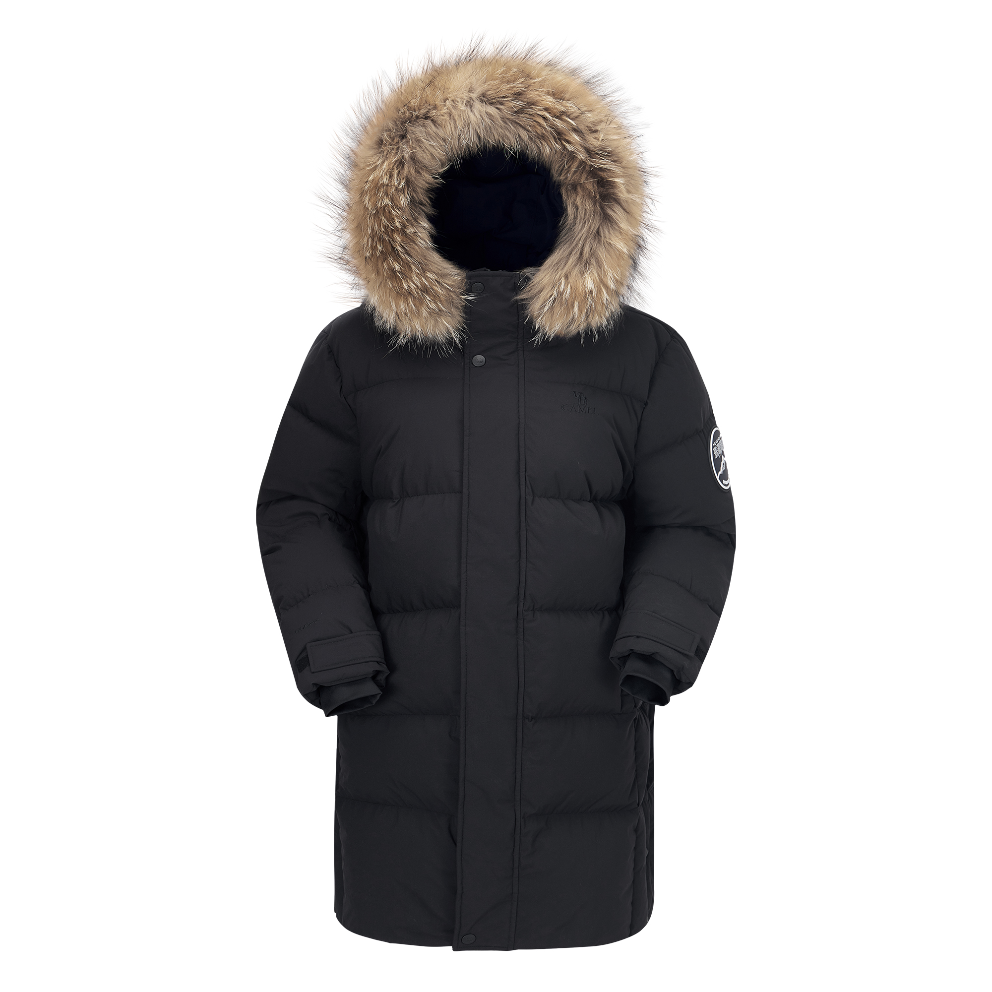 CAMEL Warm Series Phantom Black Unisex Hooded Down Jacket with Zippered Pockets AA32264027