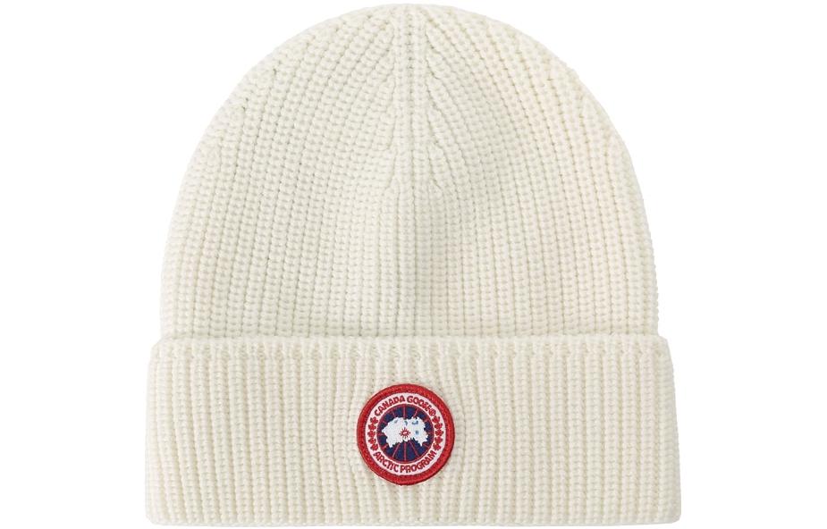 Details for Canada Goose FW23 Logo Embroidered Ribbed Toque Wool Beanie Unisex - Off White. 5026M-467
