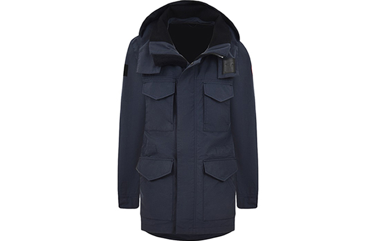 Canada Goose Navy Blue Mid-Length Hooded Jacket with Minimal Logo 2404M-732