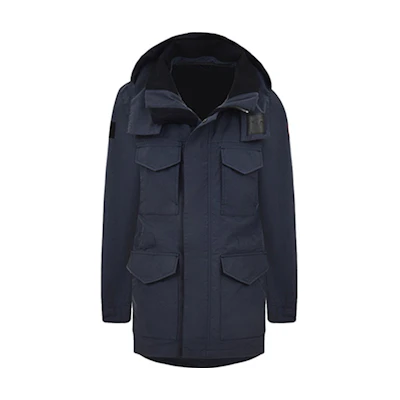 Canada Goose Navy Blue Mid-Length Hooded Jacket with Minimal Logo 2404M-732