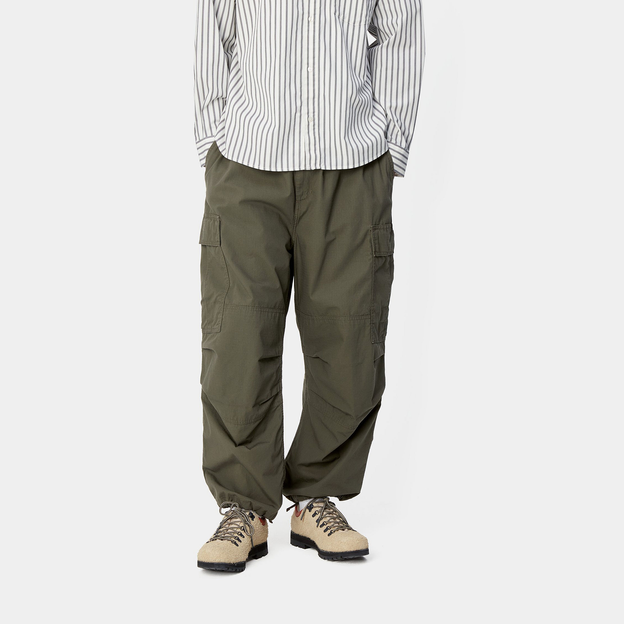 Shop Carhartt WIP  Green Relaxed Cargo Pants with Zipper Fly and Square Label. I032967-63-02