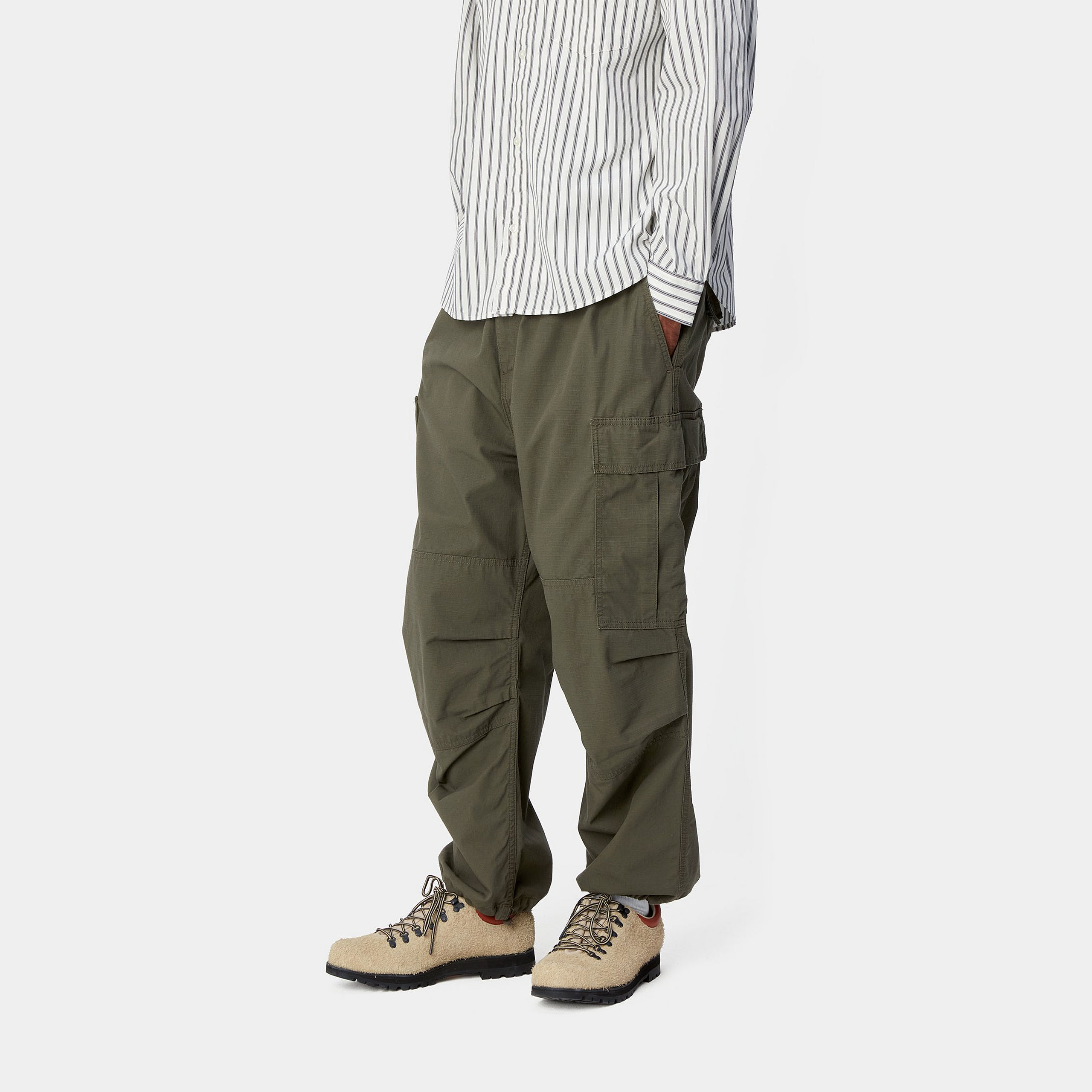 Details for Carhartt WIP  Green Relaxed Cargo Pants with Zipper Fly and Square Label. I032967-63-02