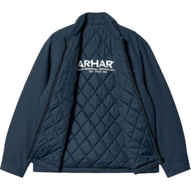 Shop Carhartt WIP  Navy Blue Logo Print Zip-Up Workwear Jacket. I030829-1Q6-XX