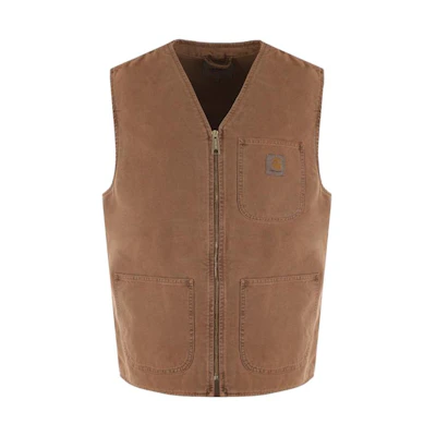 Carhartt WIP Solid Color Logo V-Neck Zip-Up Sleeveless Vest Brown. I030438-1CN-FH