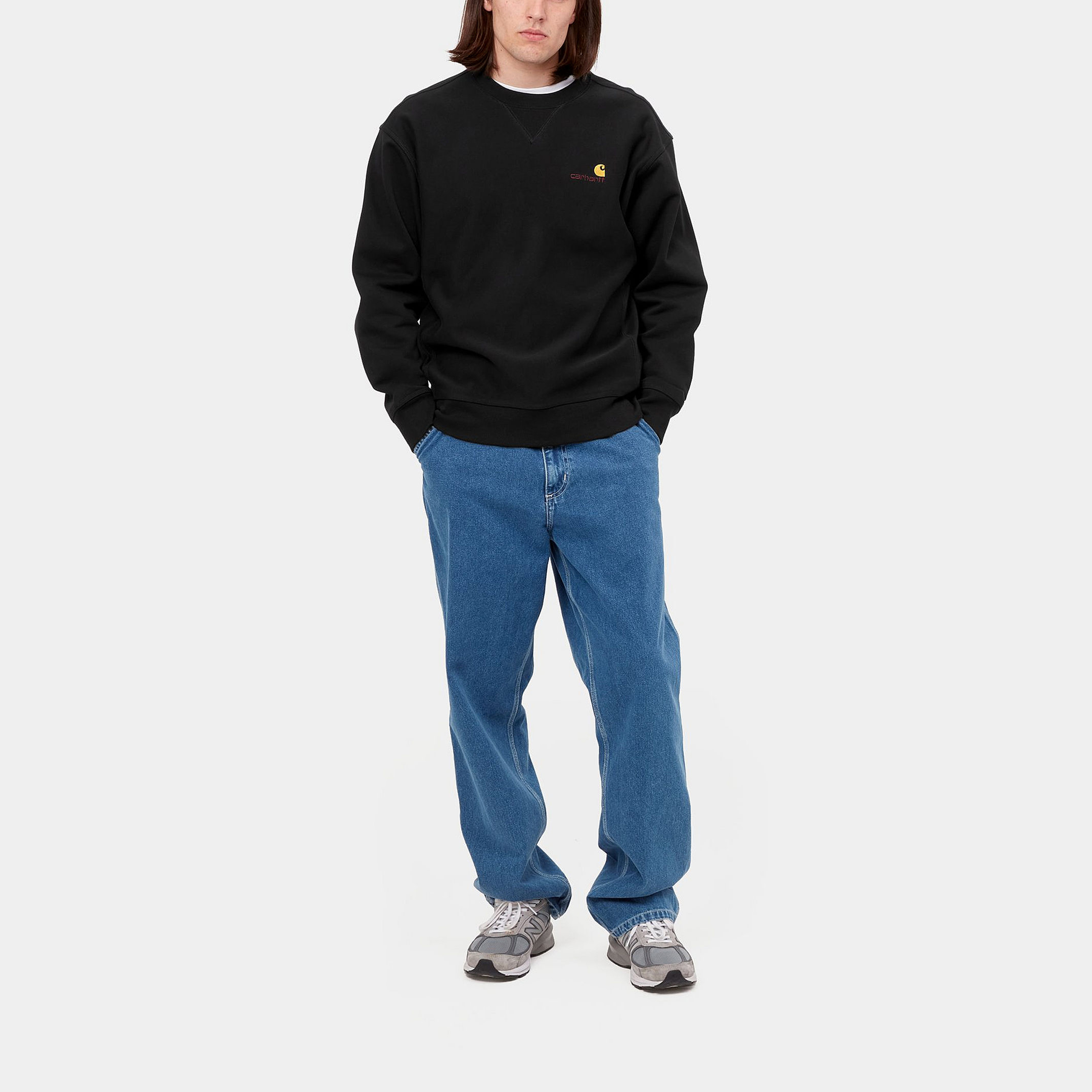 Shop Carhartt WIP 美国刺绣黑色圆领卫衣休闲套头衫 I025475-89-XX