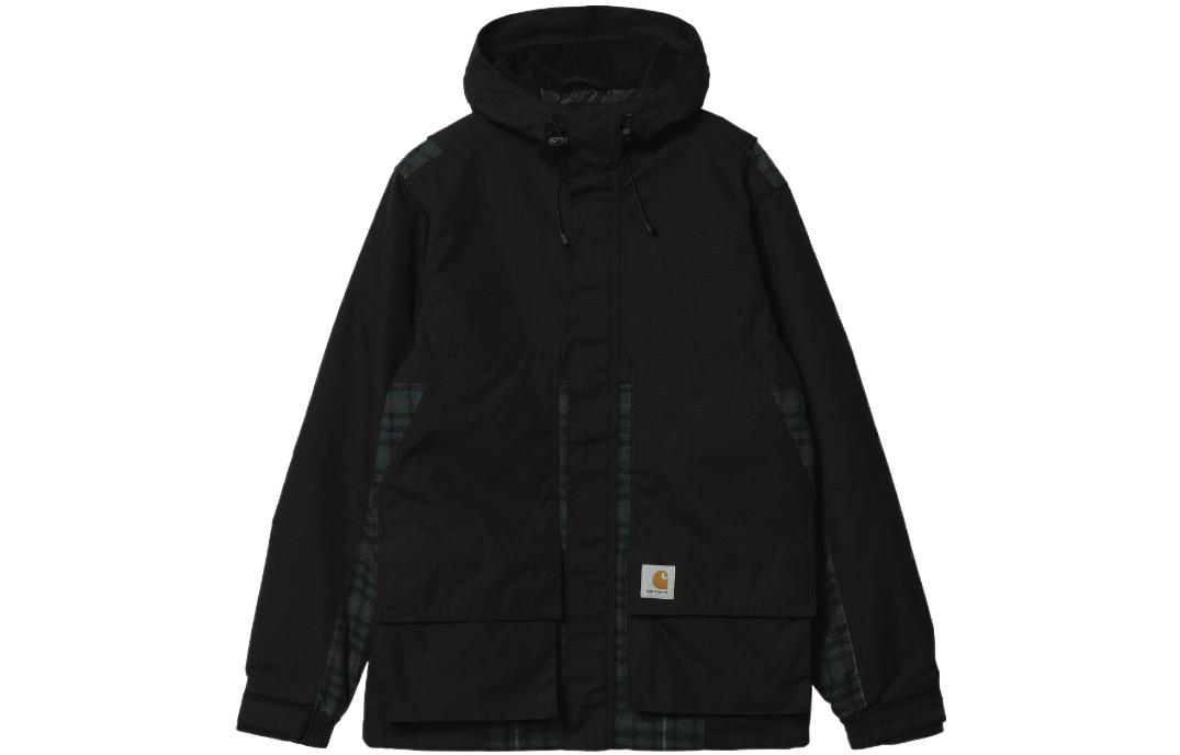 Carhartt WIP FW22 Black Plaid Patchwork Hooded Jacket Mens I030834-0ZQ-XX