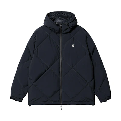Carhartt WIP FW22 Logo Embroidered Navy Blue Hooded Down Jacket. A212005-77-XX