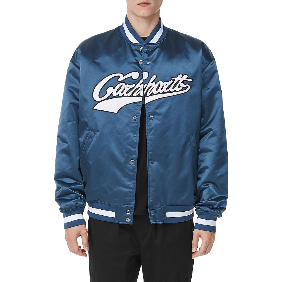 Shop Carhartt WIP FW22 Logo Print  Blue Long Sleeve Baseball Jacket. CHXJKA222044J-BLX