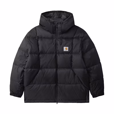 Carhartt WIP FW23 Black Quilted Down Jacket with Hood and Drawstring. CHXDNF23A004LBKX