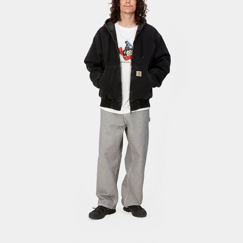 Purchase Carhartt WIP FW23 Jaket Denim Active Stonewashed Hitam Hoodie Pakaian Kerja. I032232-89-06